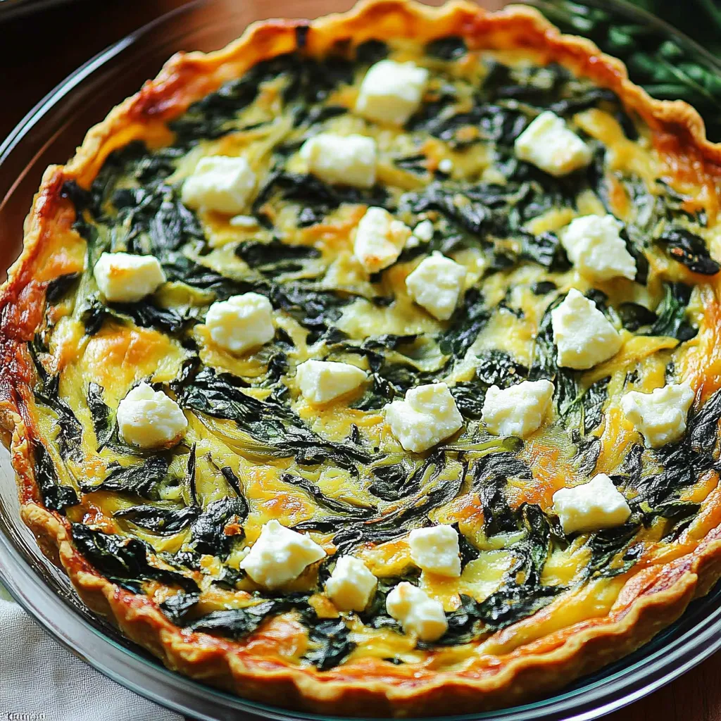 A pie with cheese and spinach in a glass bowl.