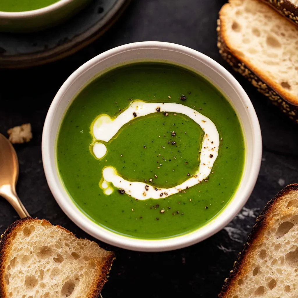 A bowl of soup with a spoon in it.