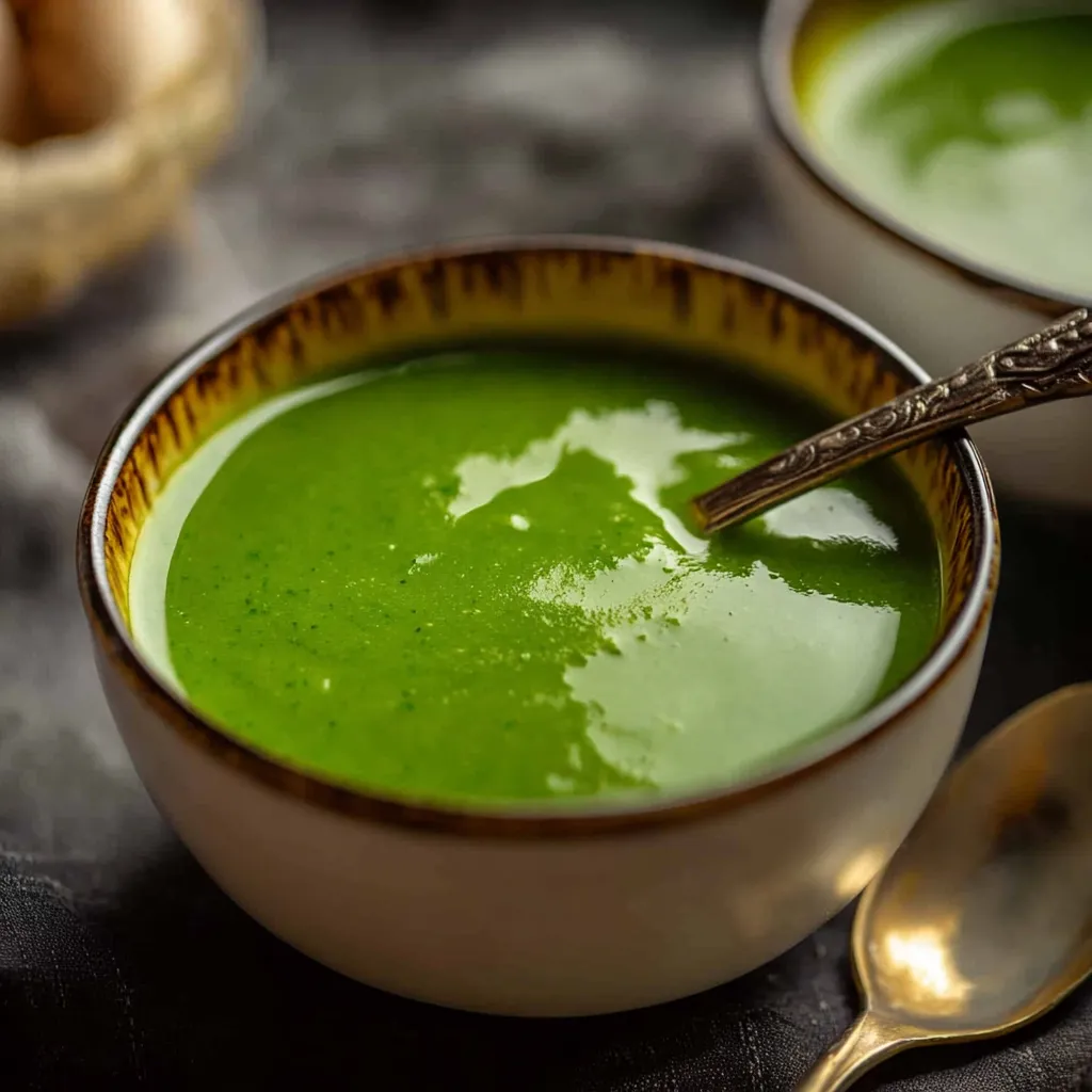 A bowl of soup with a spoon in it.