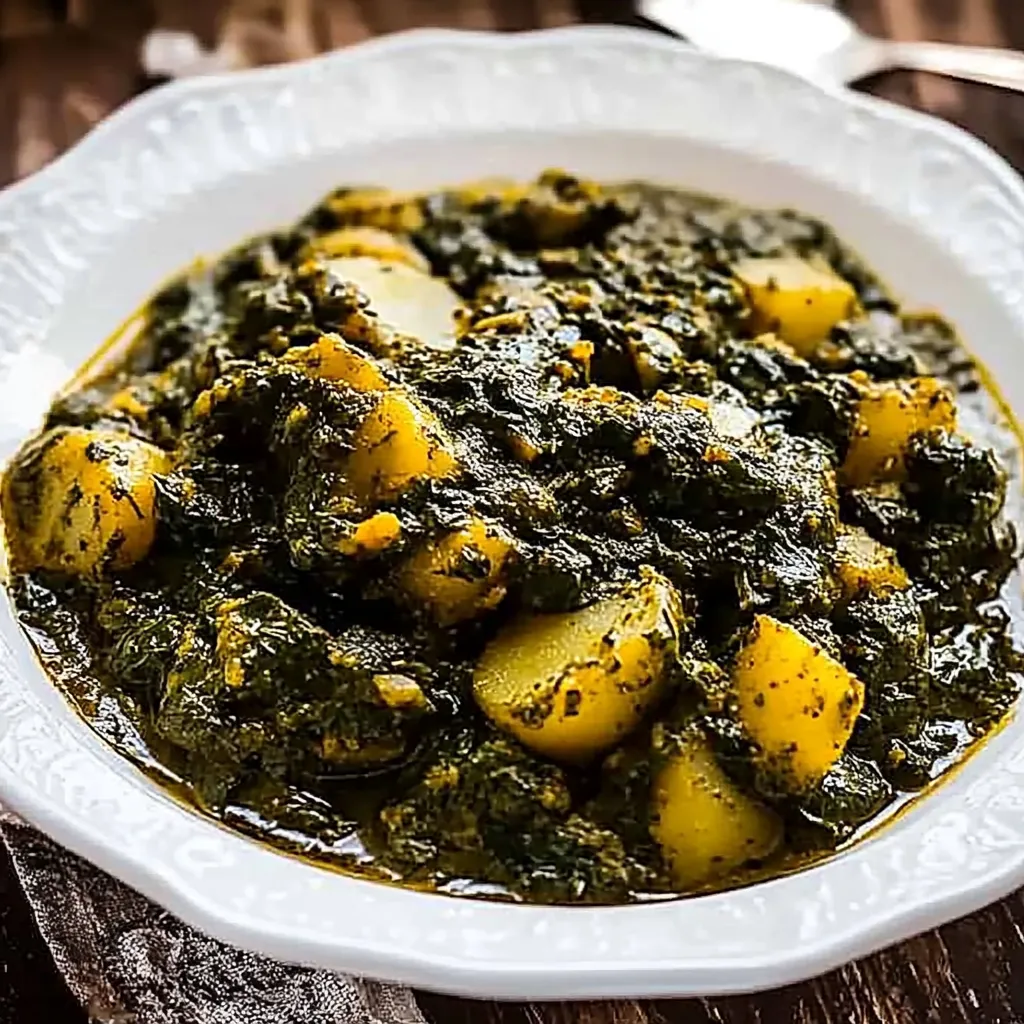 A bowl of green soup with potatoes.
