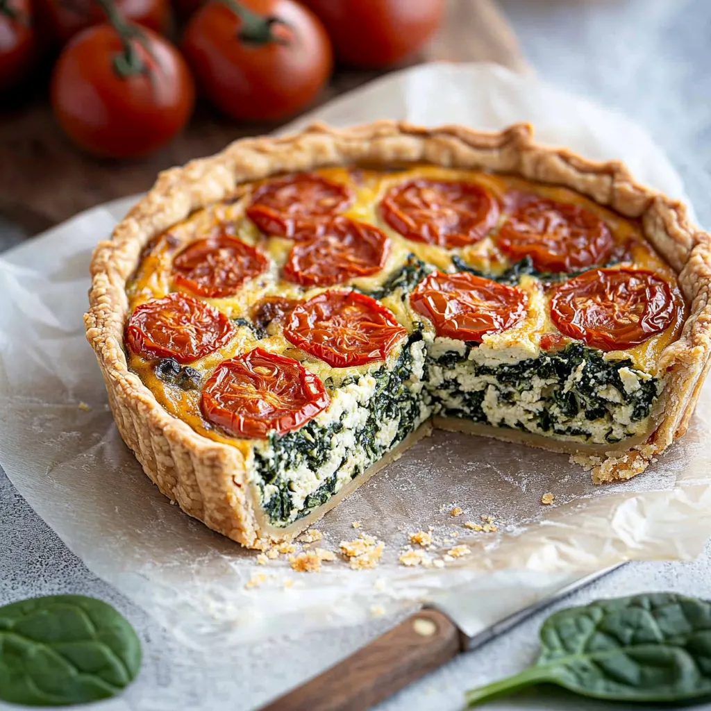 A slice of pizza with tomatoes and spinach.