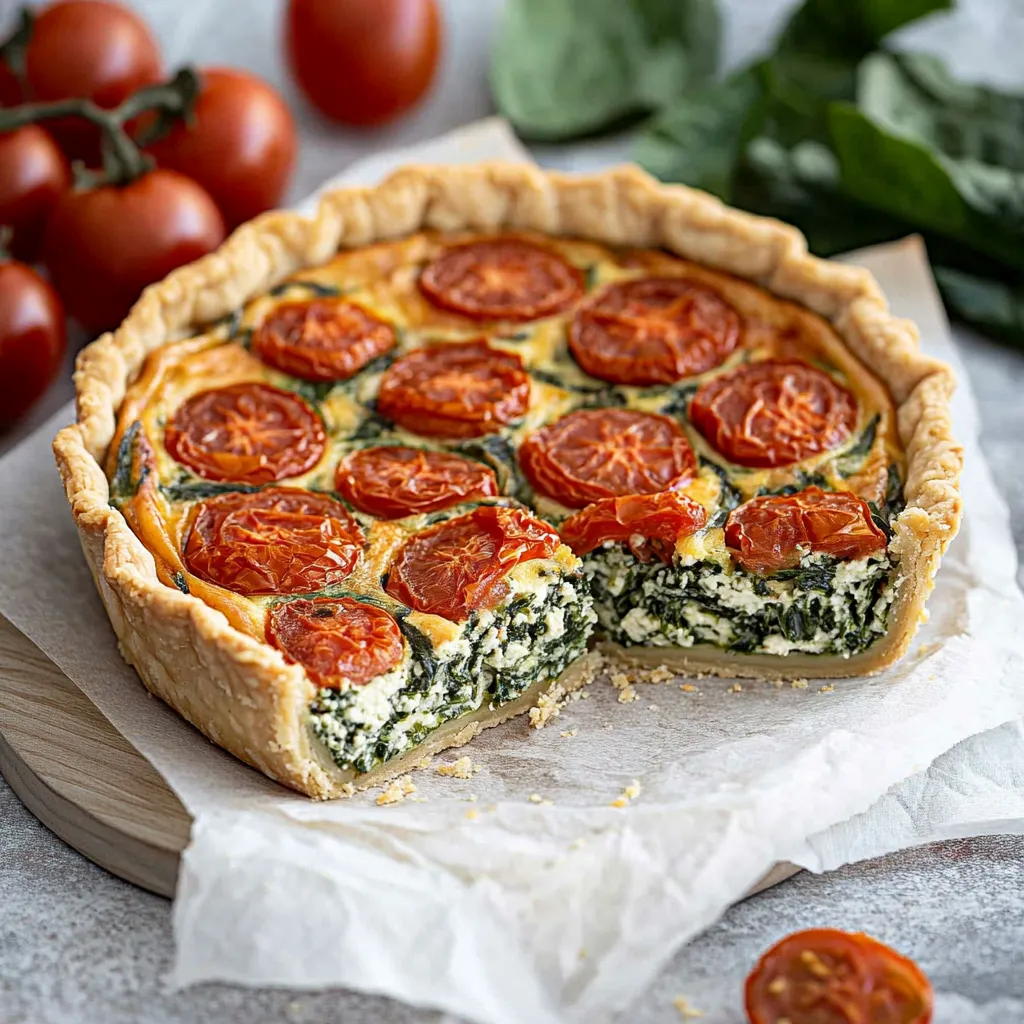 A slice of pizza with tomatoes and spinach.