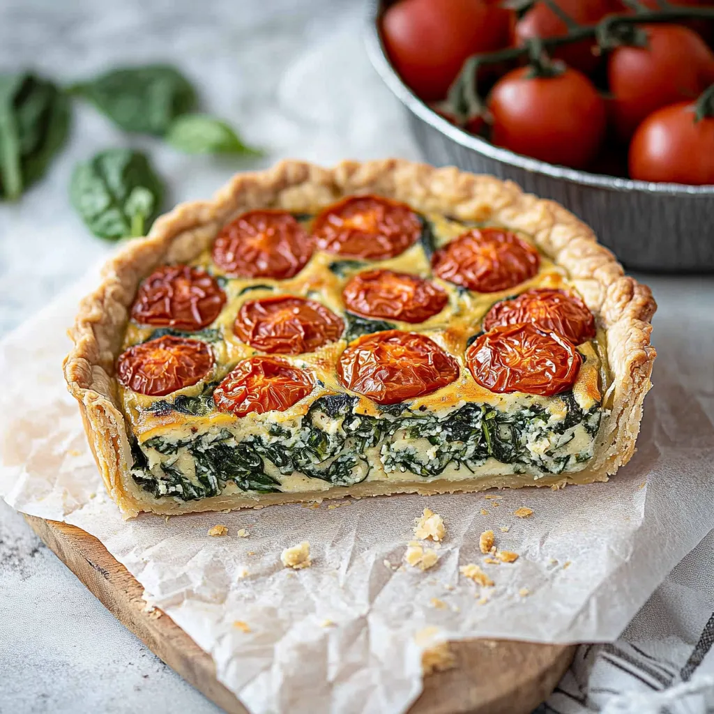 A slice of quiche with tomatoes and spinach.