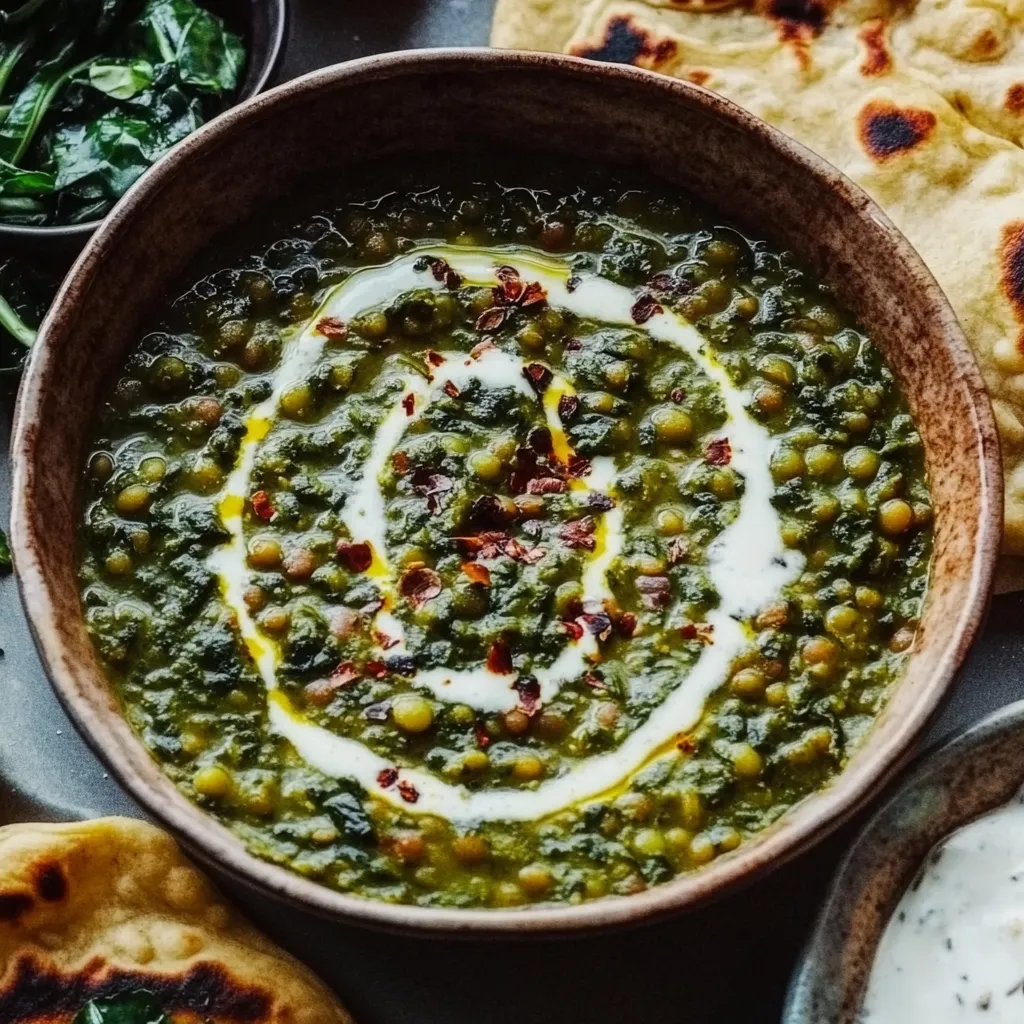 A bowl of soup with a spoon in it.