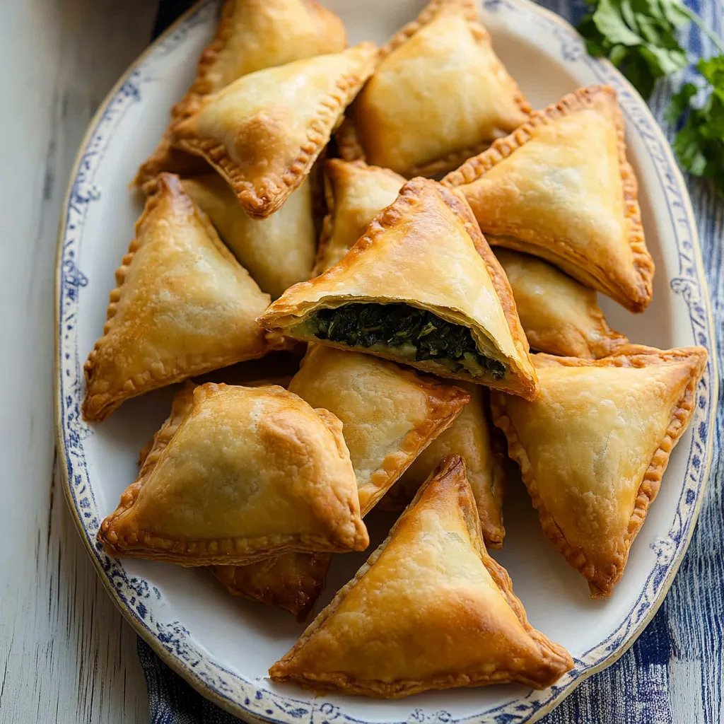A plate of pastries with green stuff in them.