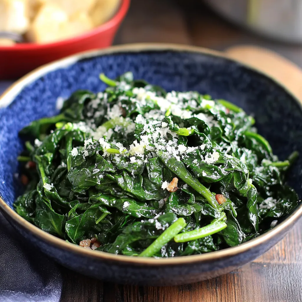 A bowl of greens with cheese on top.