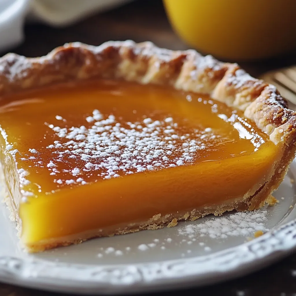 A slice of pie with powdered sugar on top.