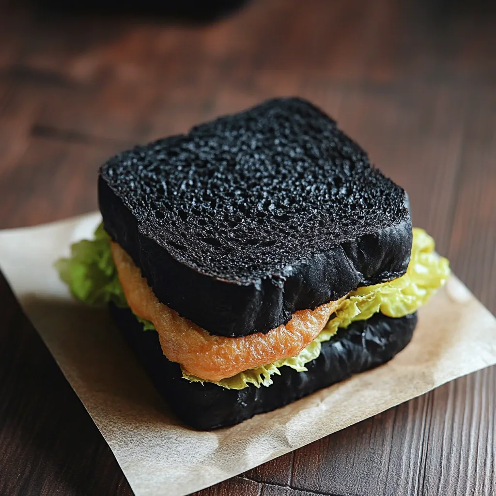 A black sandwich with orange slices.