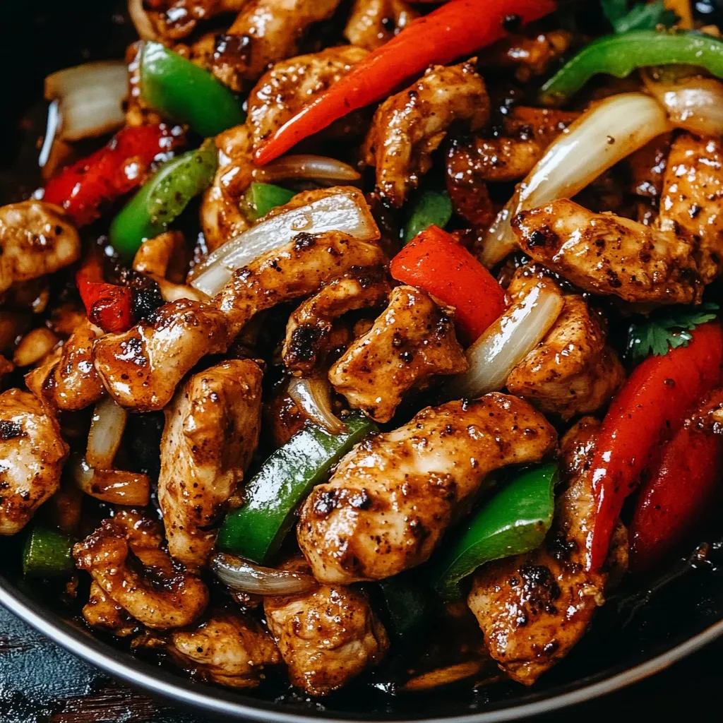 A bowl of chicken stir fry with peppers and onions.