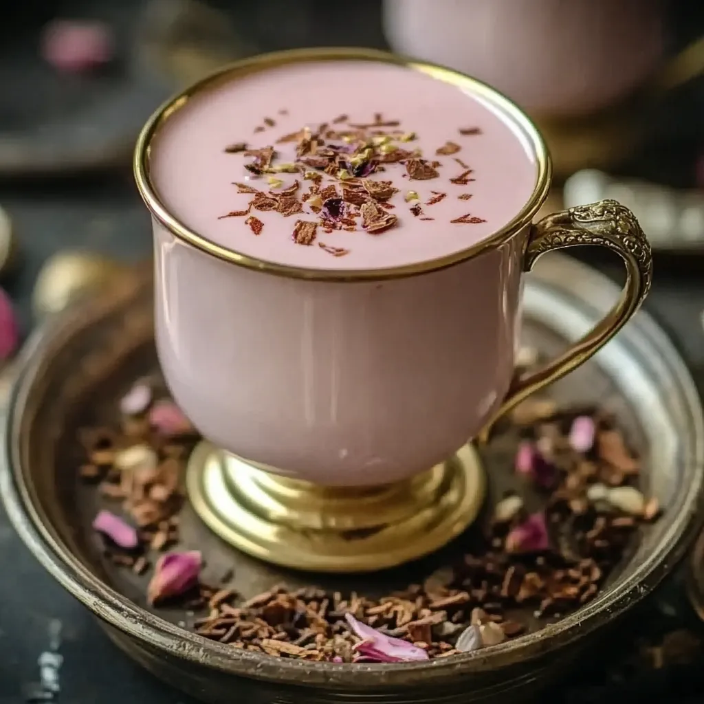 A cup of pink drink with chocolate sprinkles.