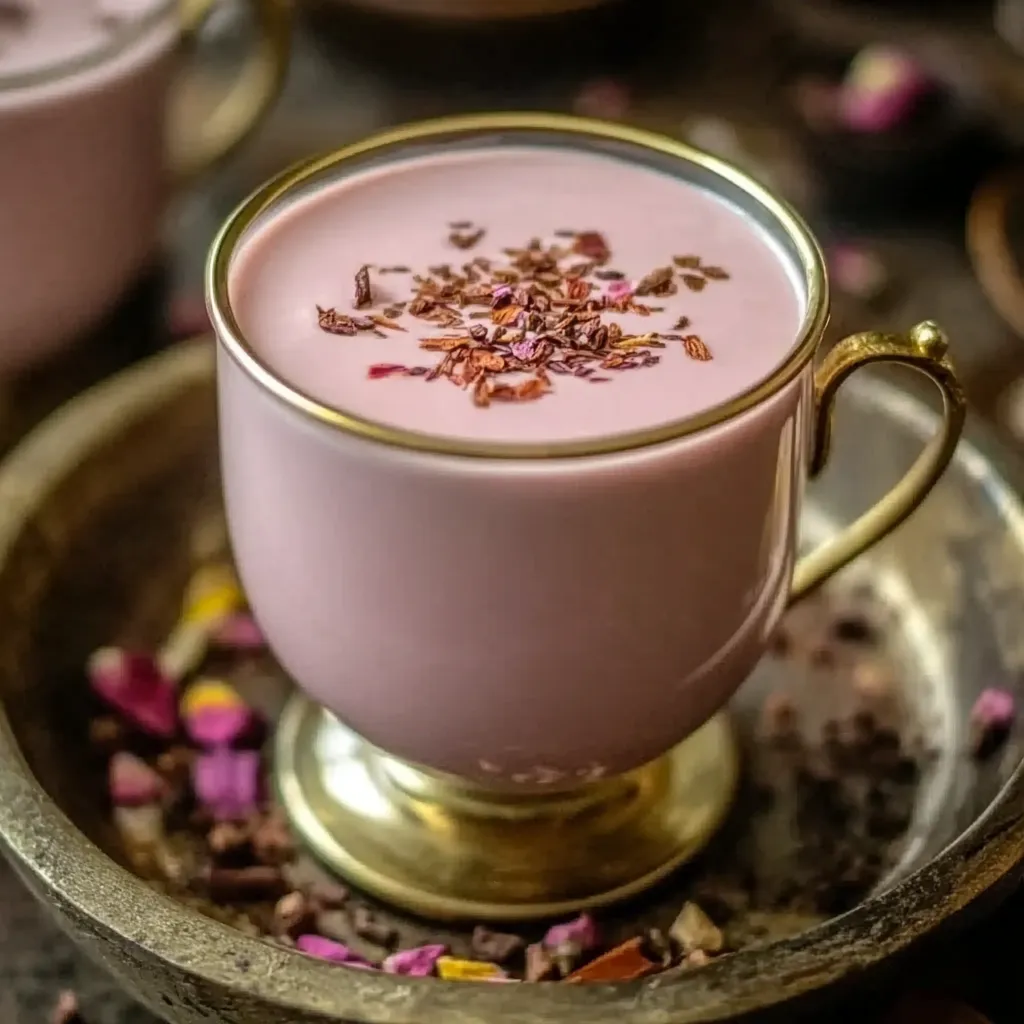 A pink drink with a gold cup.