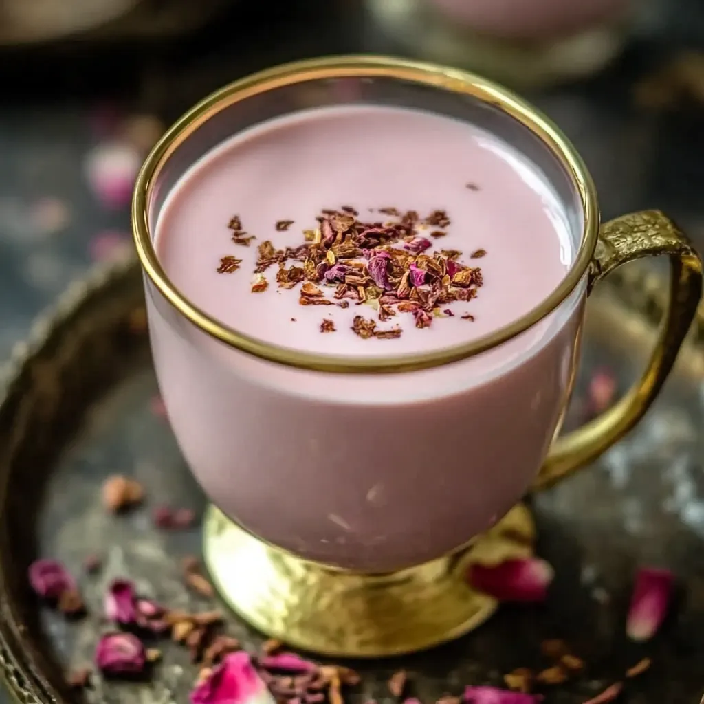 A cup of pink liquid with a sprinkle of pink powder on top.