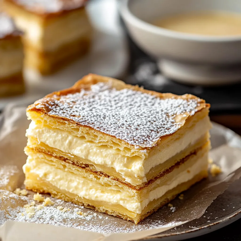 A stack of three cream filled pastries.