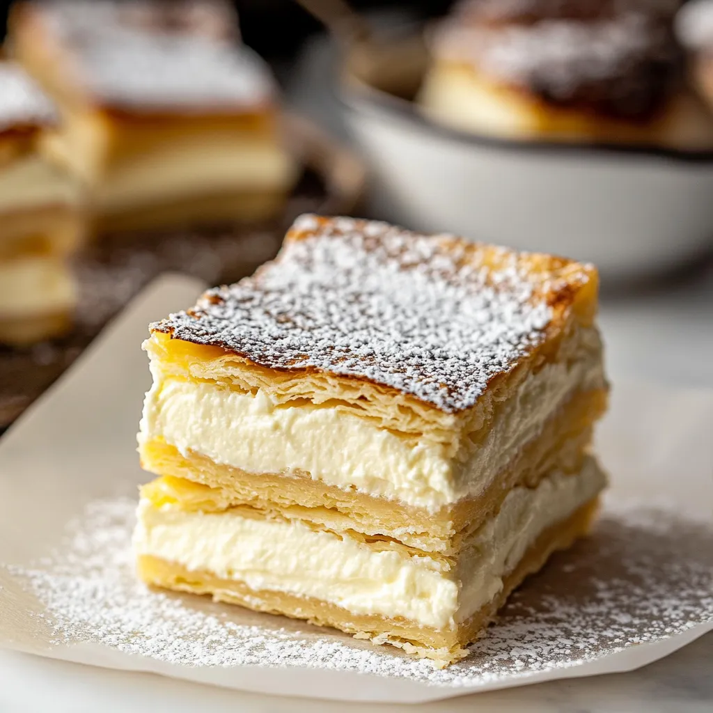 A stack of cake with powdered sugar on top.