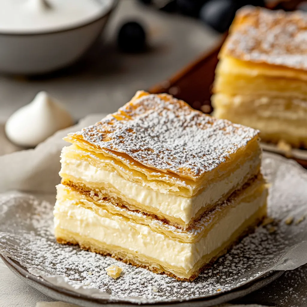 A slice of cake with powdered sugar on top.