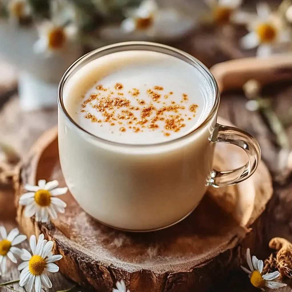 A cup of milk with cinnamon on top.