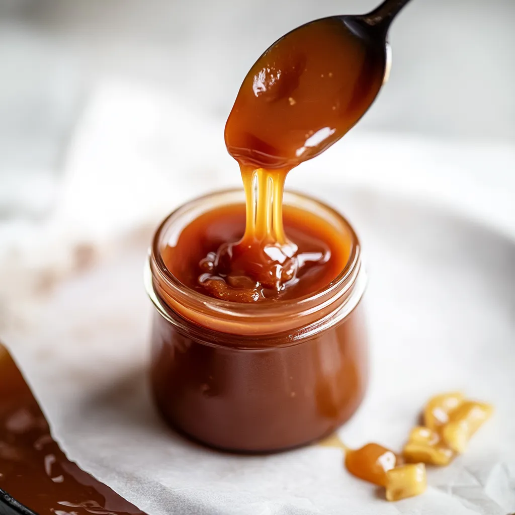 A jar of caramel sauce being poured onto a plate.