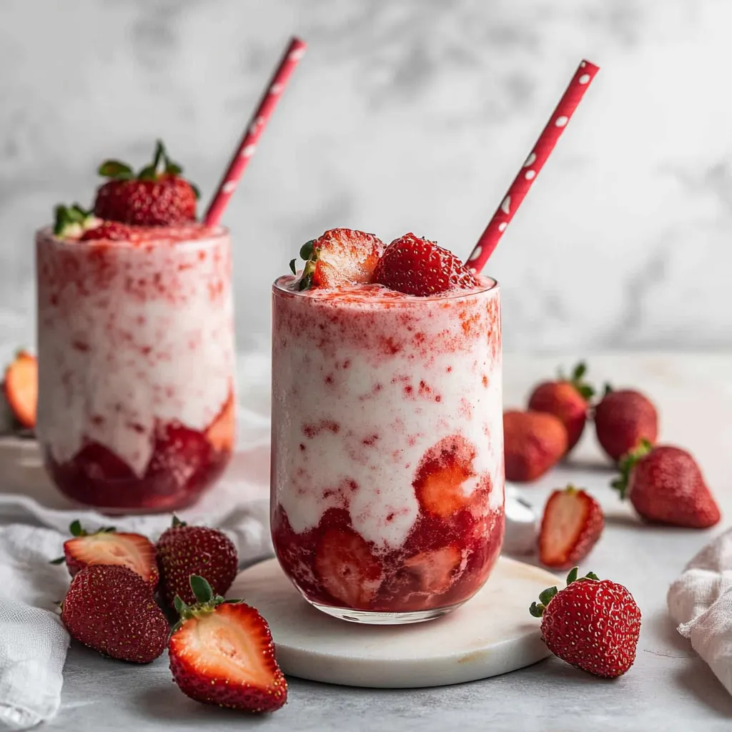 Two glasses of strawberry milk with strawberries on the table.