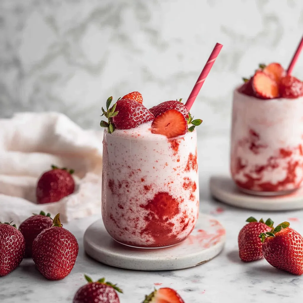 Two glasses of strawberry milk with strawberries on the table.