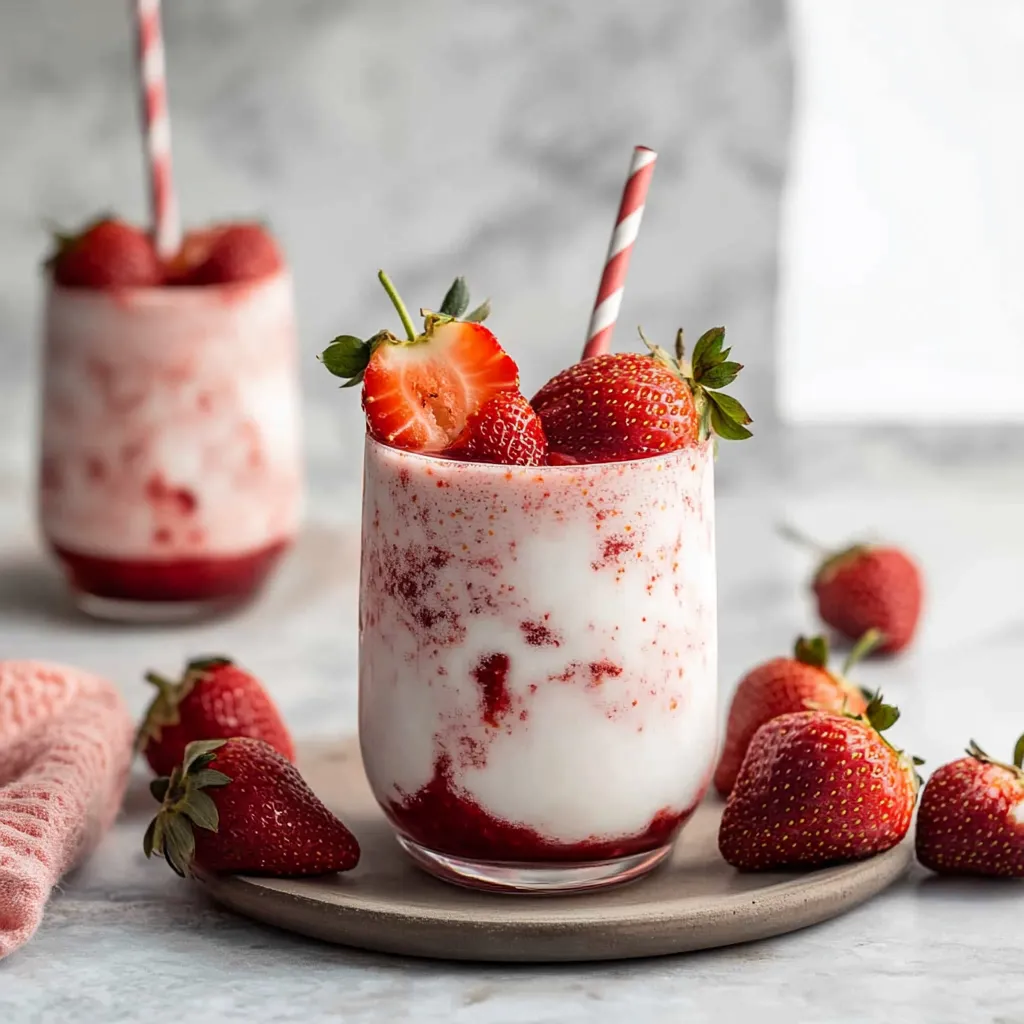 Two glasses of strawberry milk with strawberries on the side.