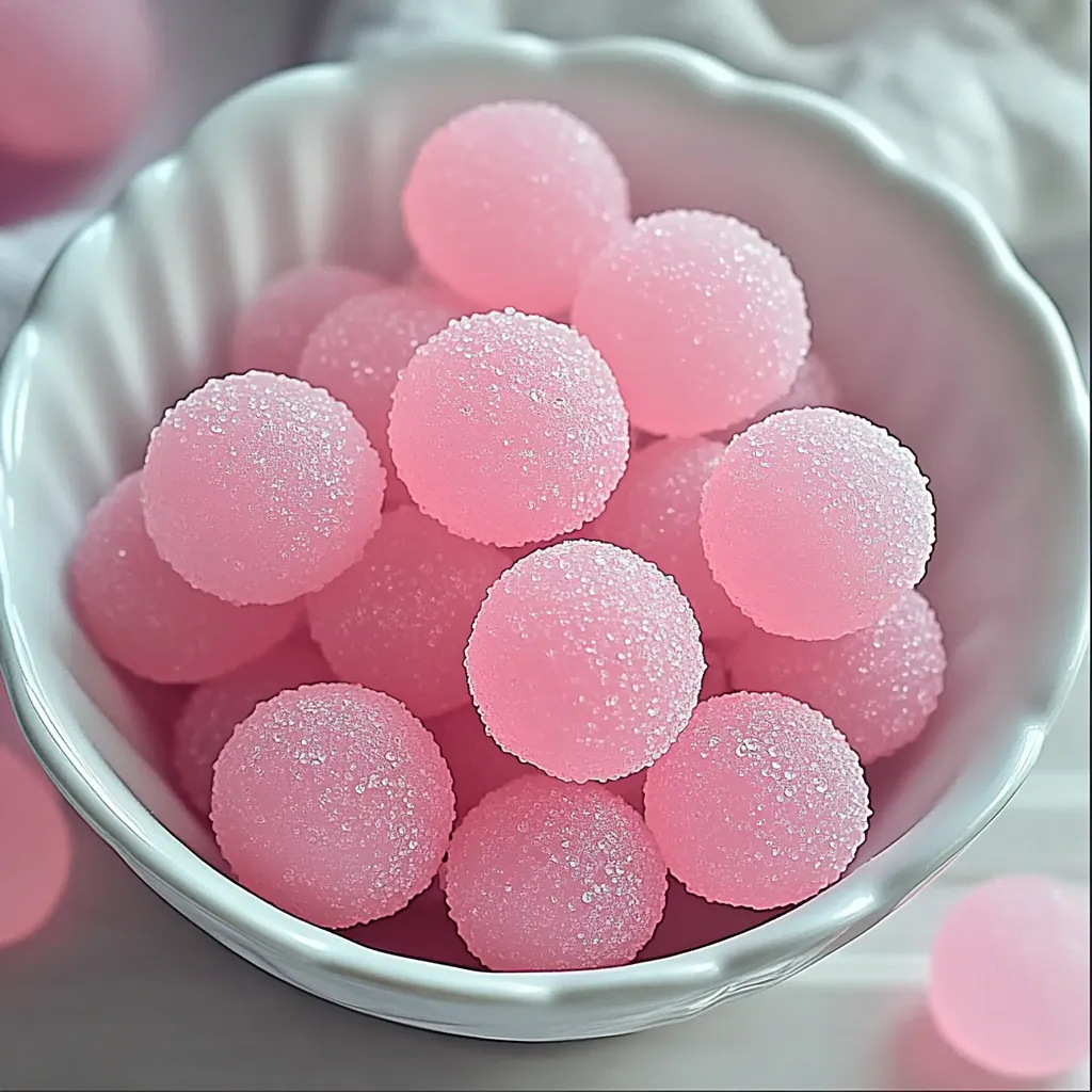 A bowl of pink candy balls.