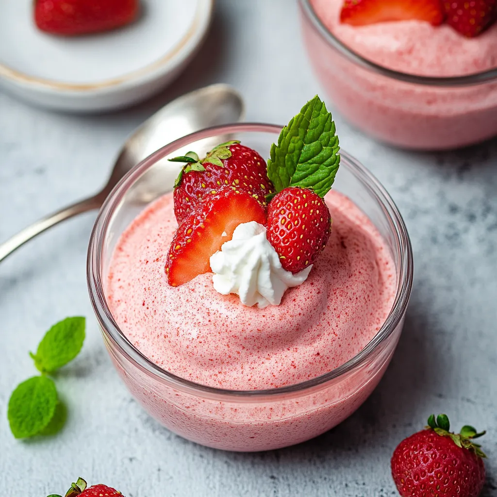 A bowl of strawberry cream with a spoon in it.