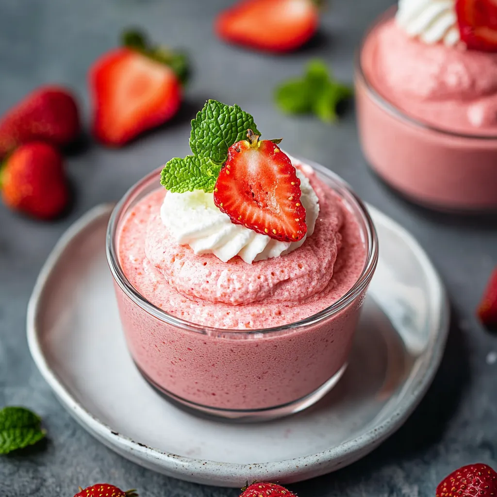 A cup of strawberry yogurt with a green leaf on top.