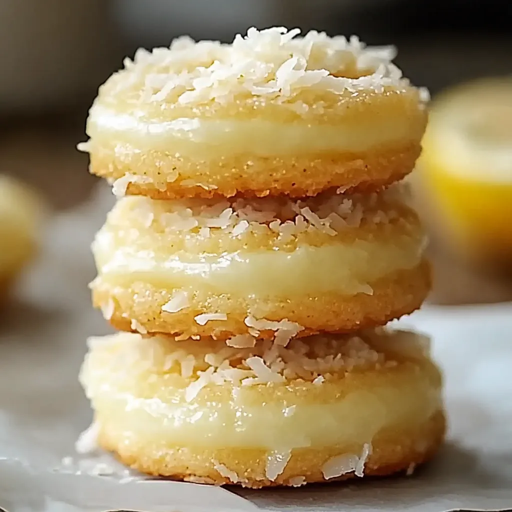 Three stacked lemon cookies with coconut on top.