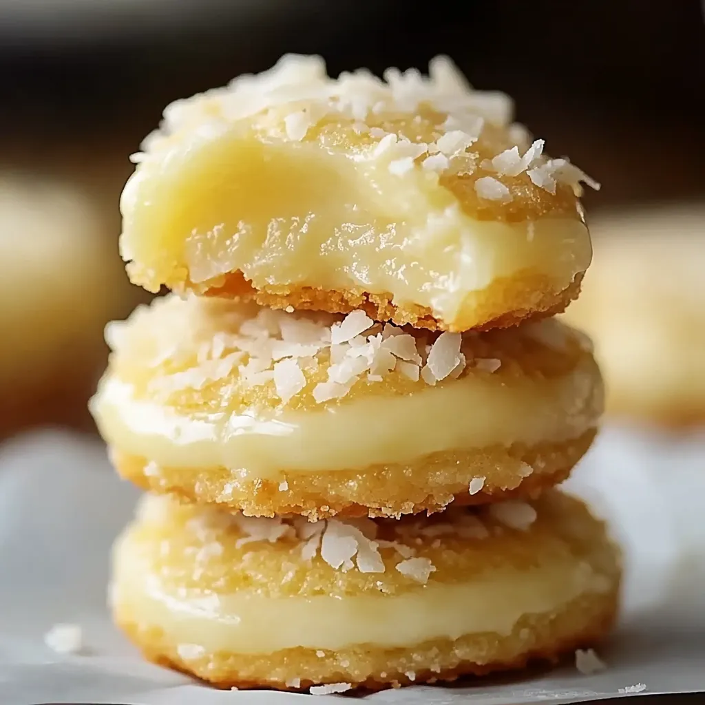 A stack of three donuts with coconut on top.