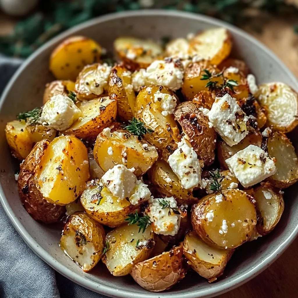 A bowl of potatoes with feta cheese.