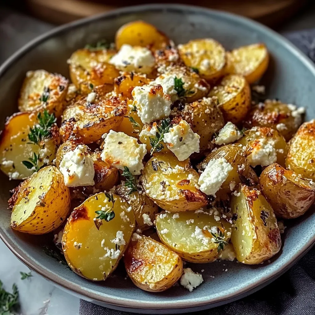 A bowl of food with feta cheese and potatoes.