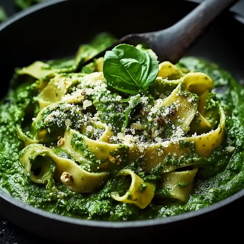 A bowl of pasta with a green sauce.