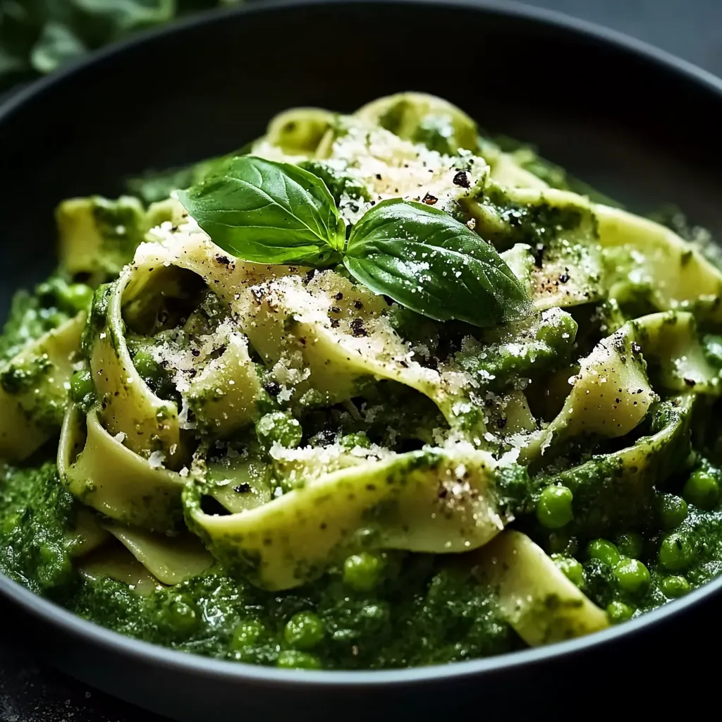 A bowl of pasta with green peas and cheese.