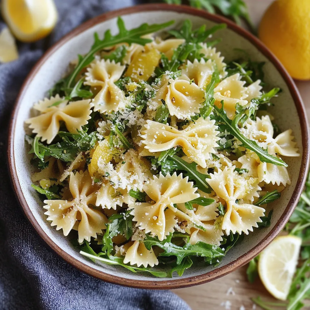 A bowl of pasta salad with lemon wedges.