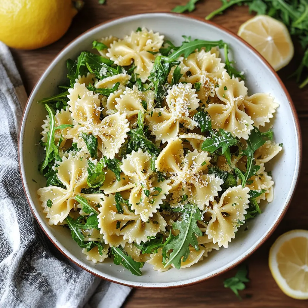 A bowl of pasta with spinach and lemon.