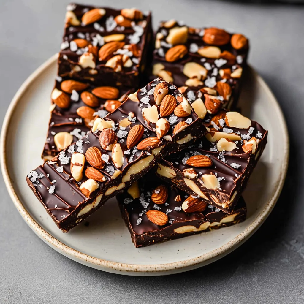 A plate of chocolate and almond squares.