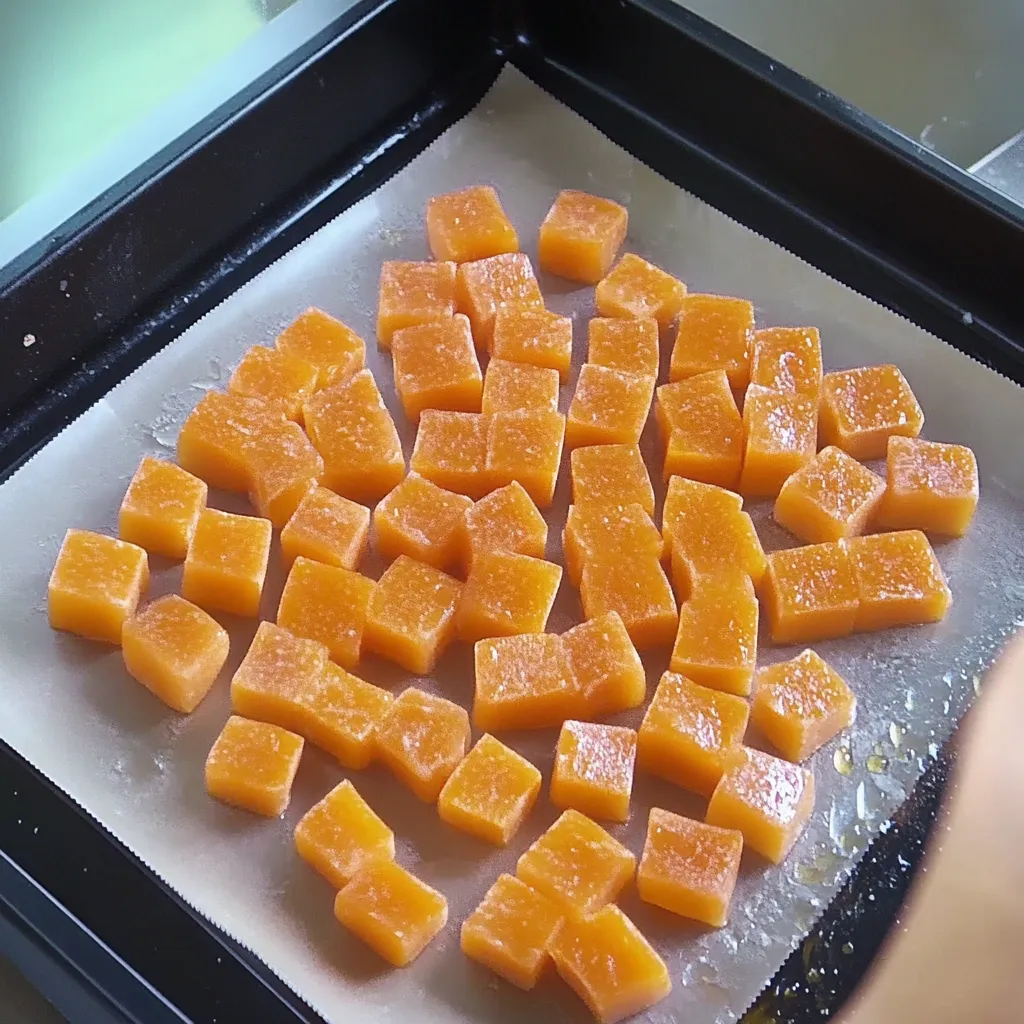 A tray of orange squares.