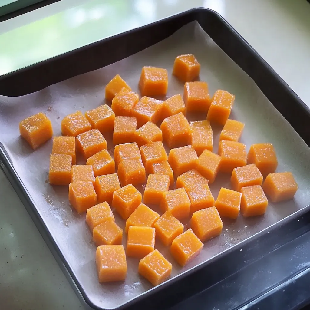 A pan of cubed carrots.