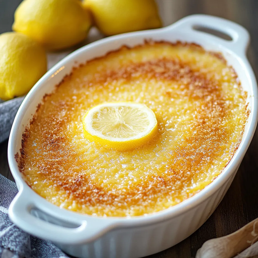 A bowl of lemon cream pie with a lemon wedge on top.