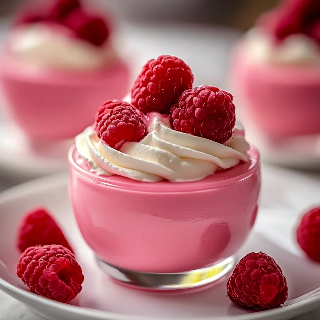 A pink dessert with white whipped cream and raspberries.