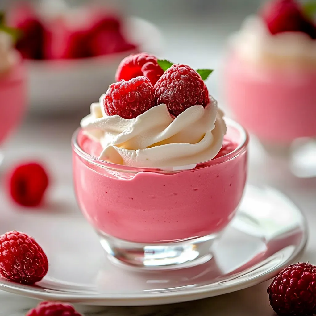 A bowl of pink cream with raspberries on top.