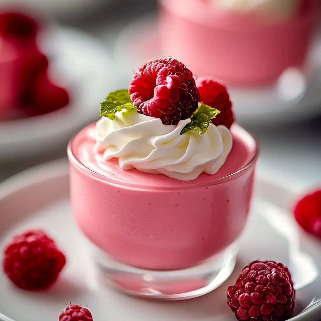A pink dessert with a raspberry on top.