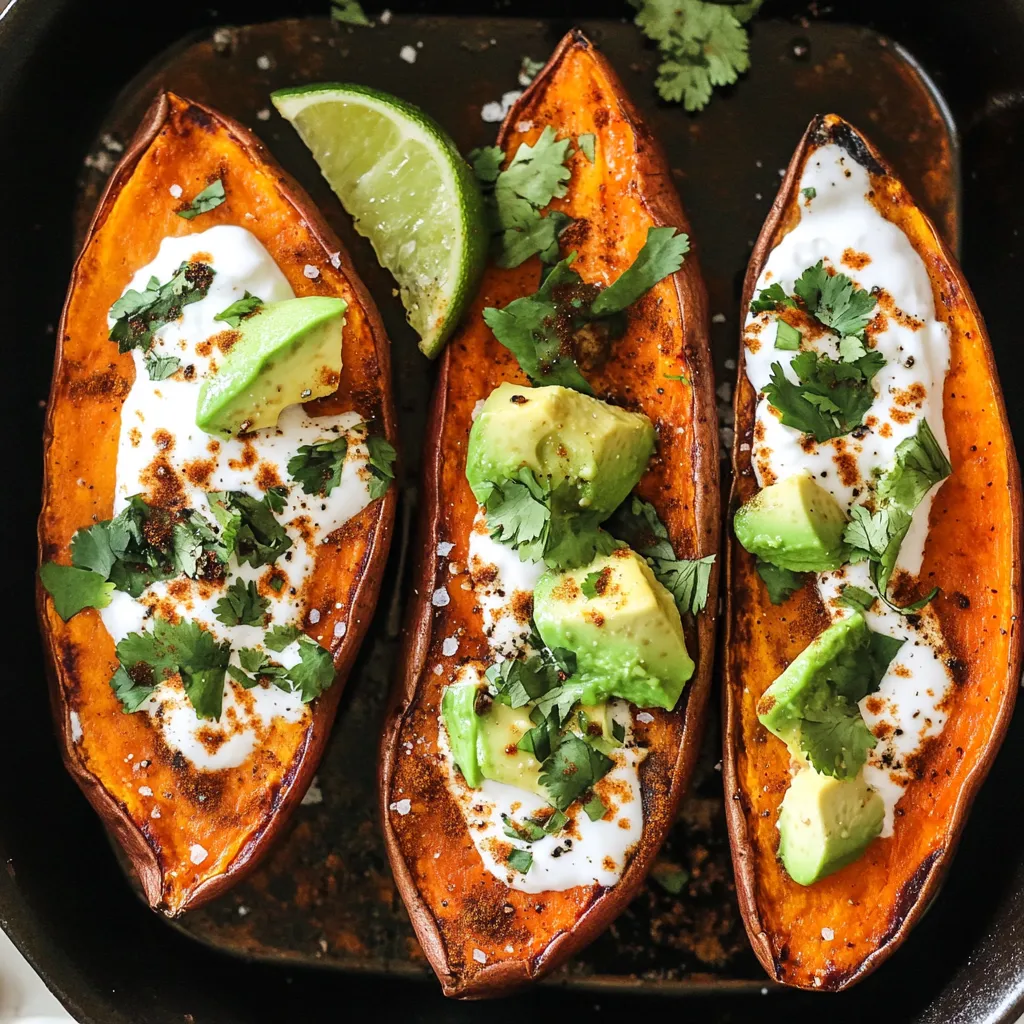 Two sliced avocados on top of a baked sweet potato.