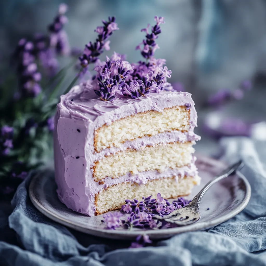 A slice of purple cake with lavender flowers on top.