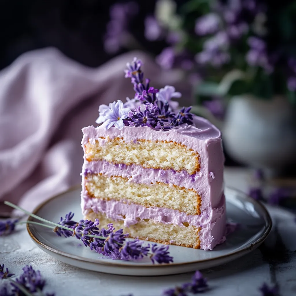 A slice of cake with purple flowers on top.