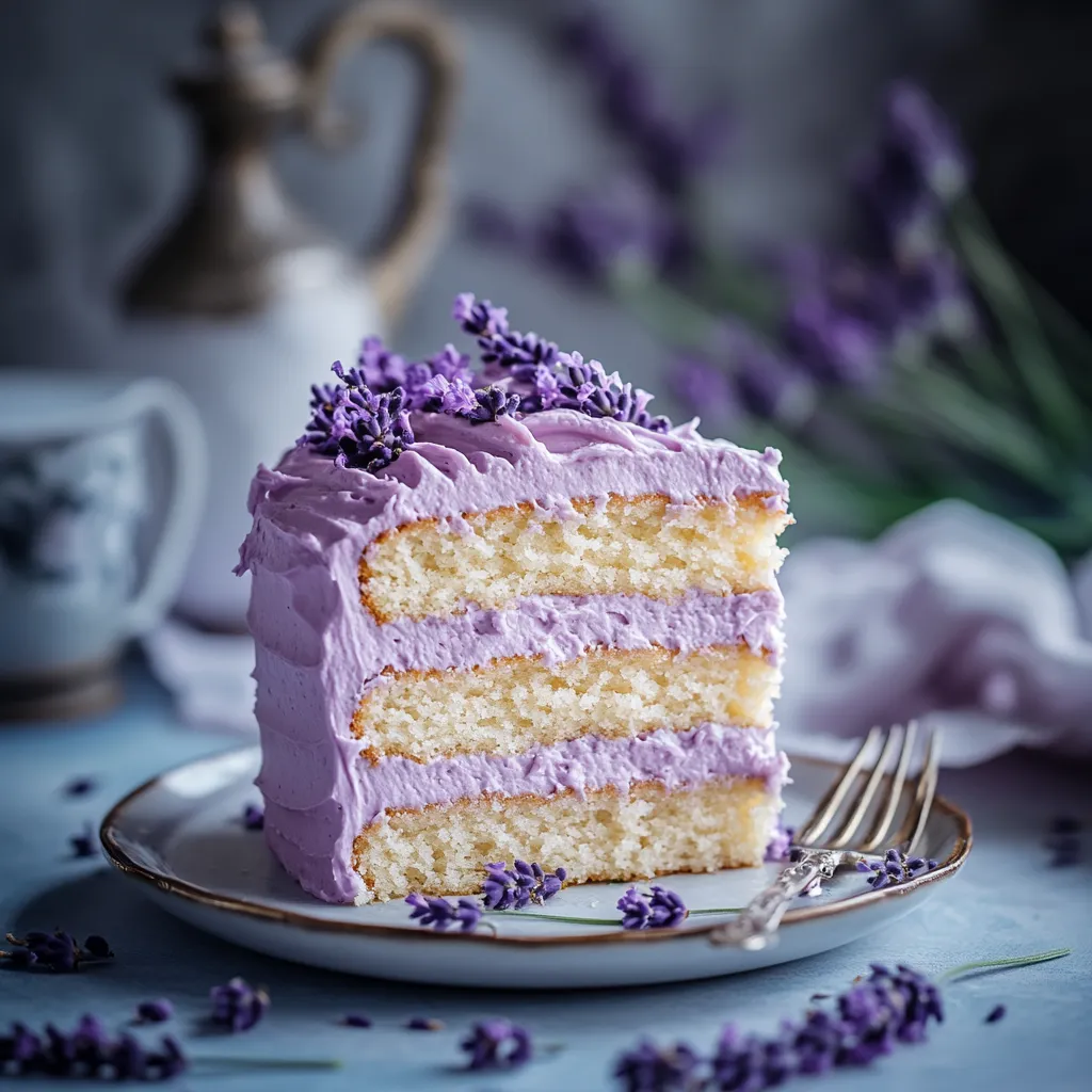 A slice of purple cake with lavender flowers on a plate.