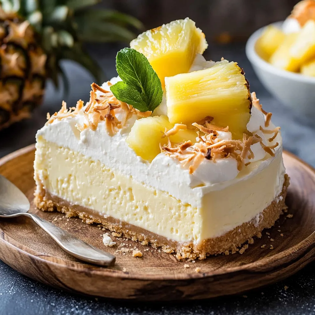 A slice of pineapple cheesecake with coconut on top.