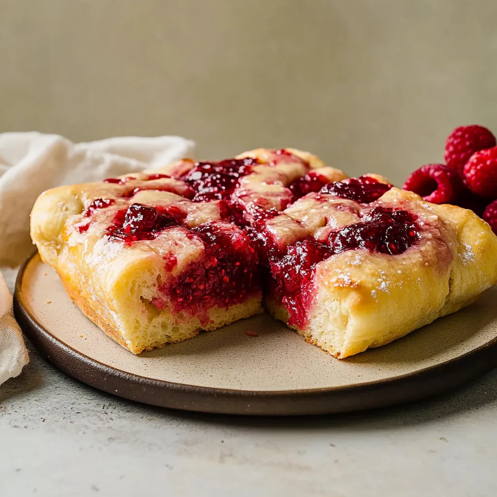 A slice of cake with raspberries on top.