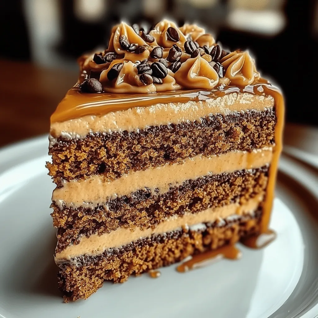 A slice of chocolate cake with caramel drizzle.