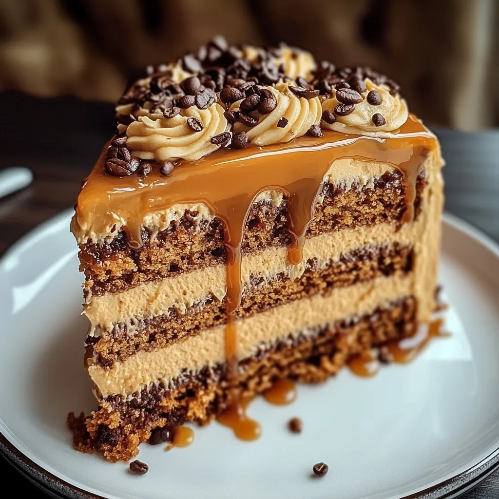 A slice of cake with caramel drizzle.